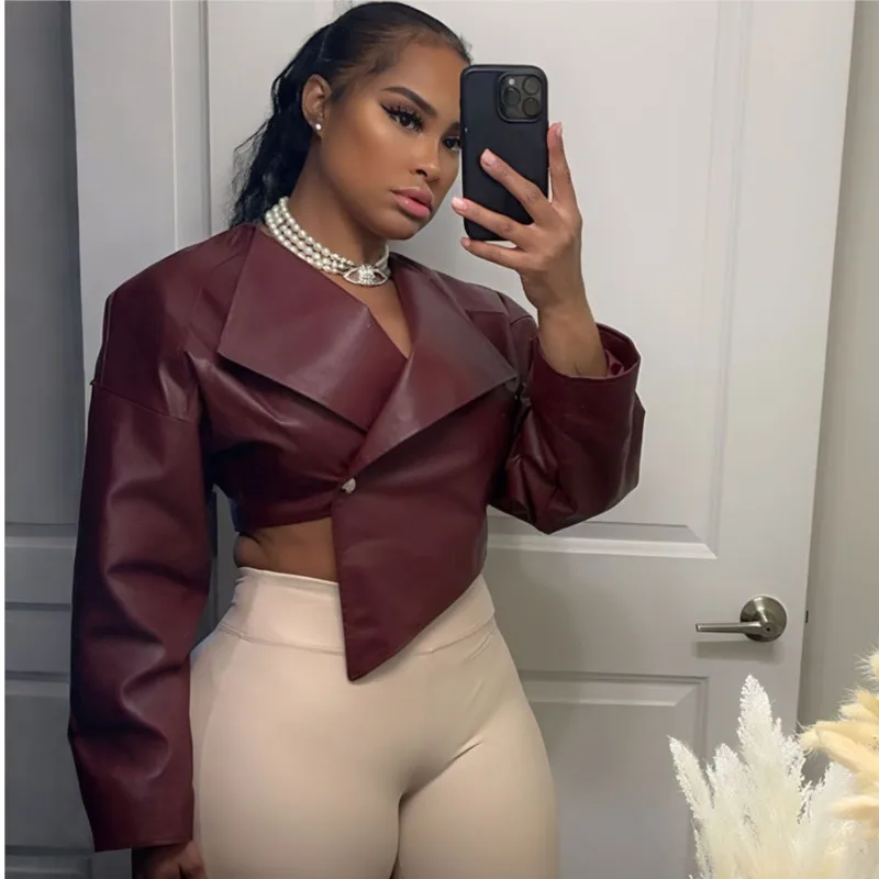Classic Hipster Crop Jacket For Women Solid Irregular Single Buckle Button Faux Leather Autumn Wild Sexy Basic Cross Neck Coat