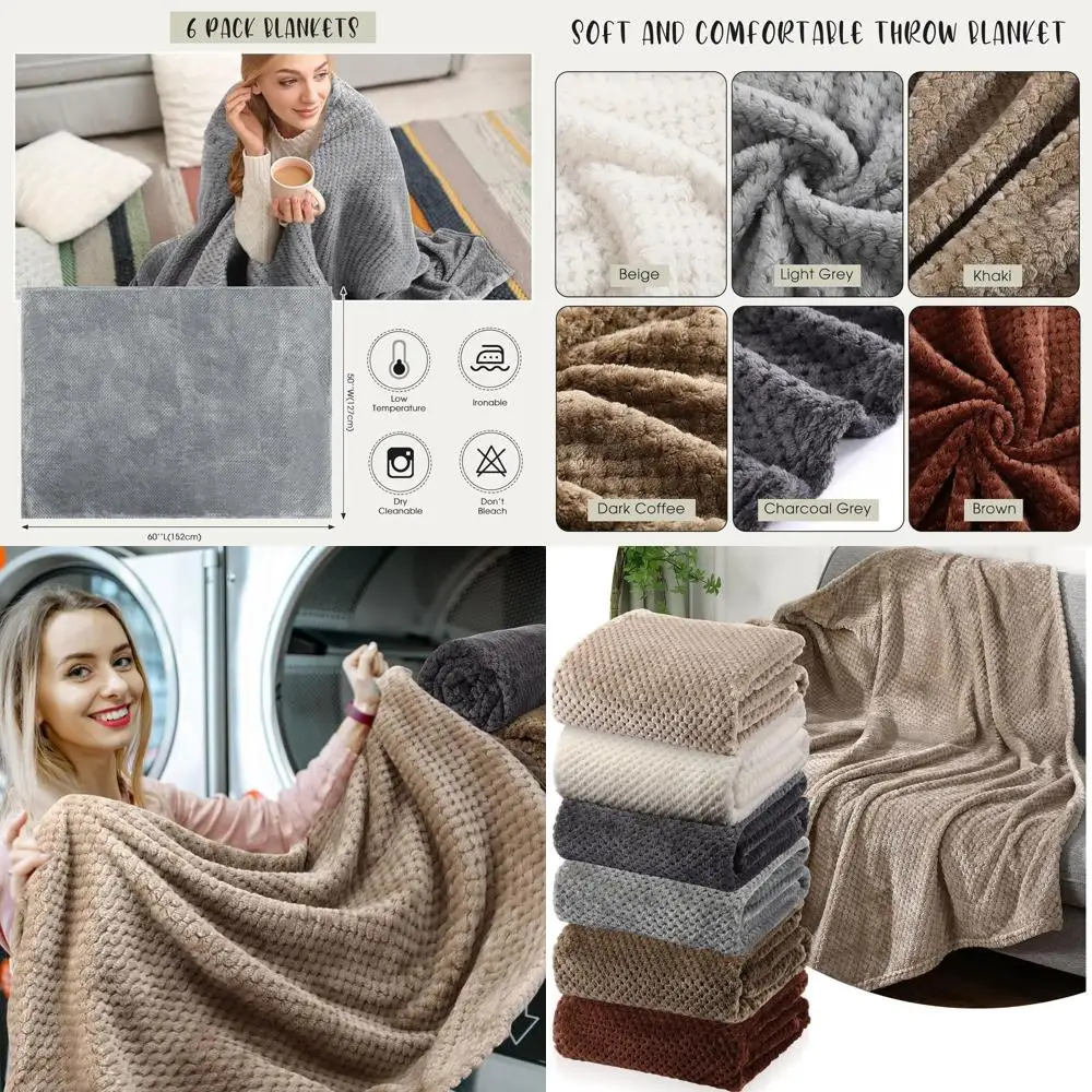 

Bulk 6-Pack Large 50x60 Flannel Waffle Faux Fur Throw Blankets, Lightweight, No Shedding, Neutral for Home Decor
