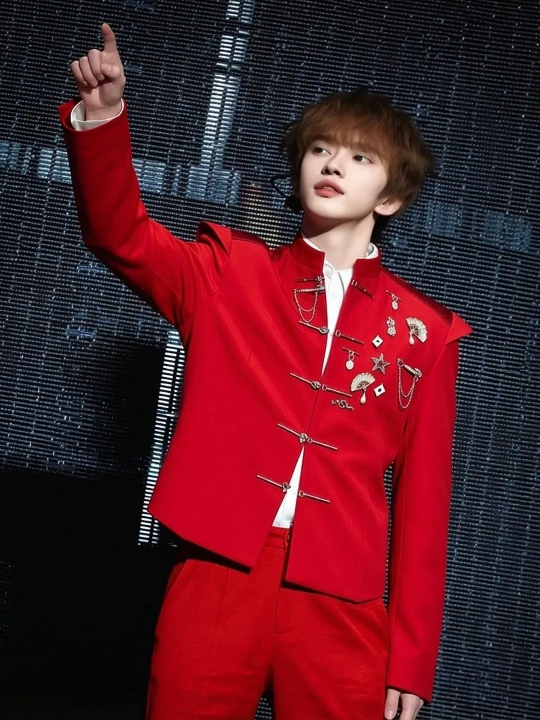 Red Performance Suit Men's Fashionable Stage Outfit Singer Broadcasters Autumn Polyester Long Sleeve Standard Fit Casual Wear