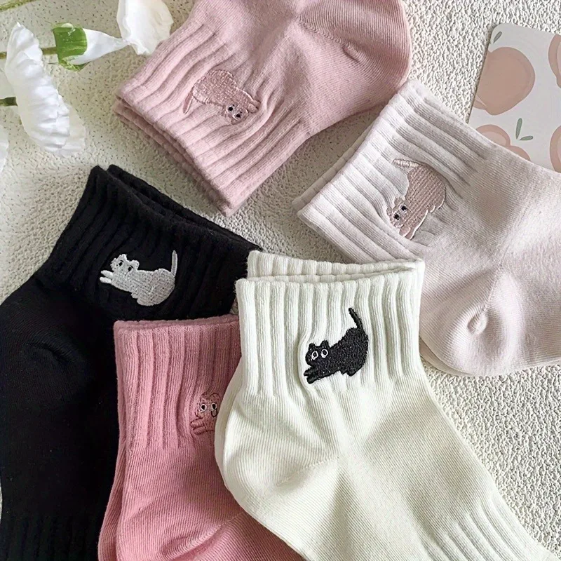 

5 Pairs Children's Embroidered Cat Socks - Cotton Breathable Material, Perfect for Daily Wear and Sports