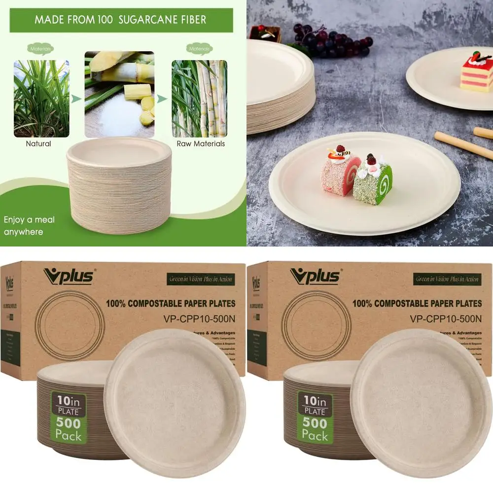 

100% Biodegradable 500-Count 10.25 Paper Plates from Sugarcane for Eco-Friendly Dining