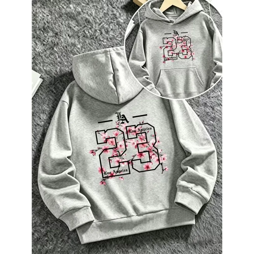 Kids LA 23 Cherry Blossom Graphic Hoodie Boys Girls Front Back Same Print Unisex Loose Autumn Winter Hooded Sweatshirt