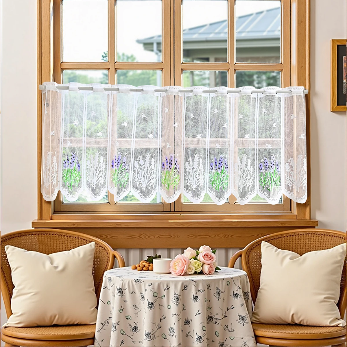 1pc Lavender Pattern Short Curtain，small Lace Curtains for Kitchen, Bedroom, Living Room, Bathroom Decor, Rod Pocket Curtains