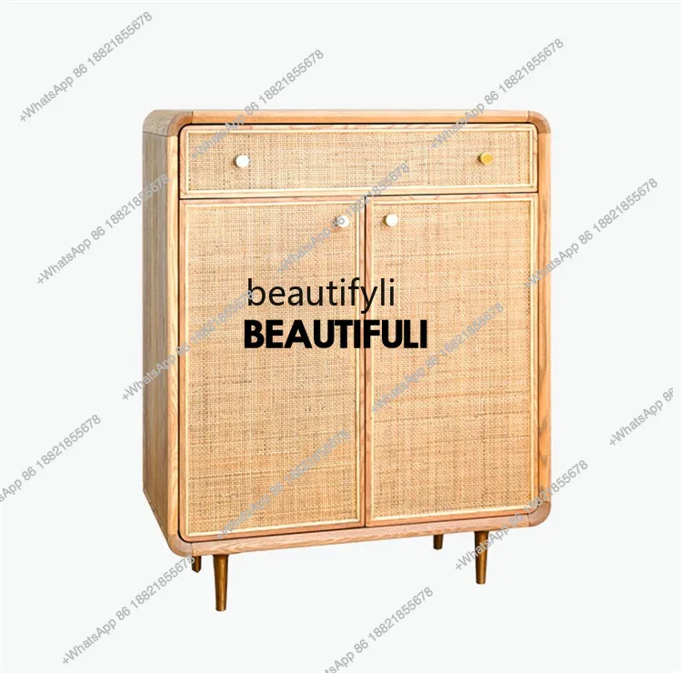 

Solid Wood Double Door Rattan Shoe Cabinet Nordic Oak Storage Cabinet Multi-Functional Foyer Entrance Cabinet