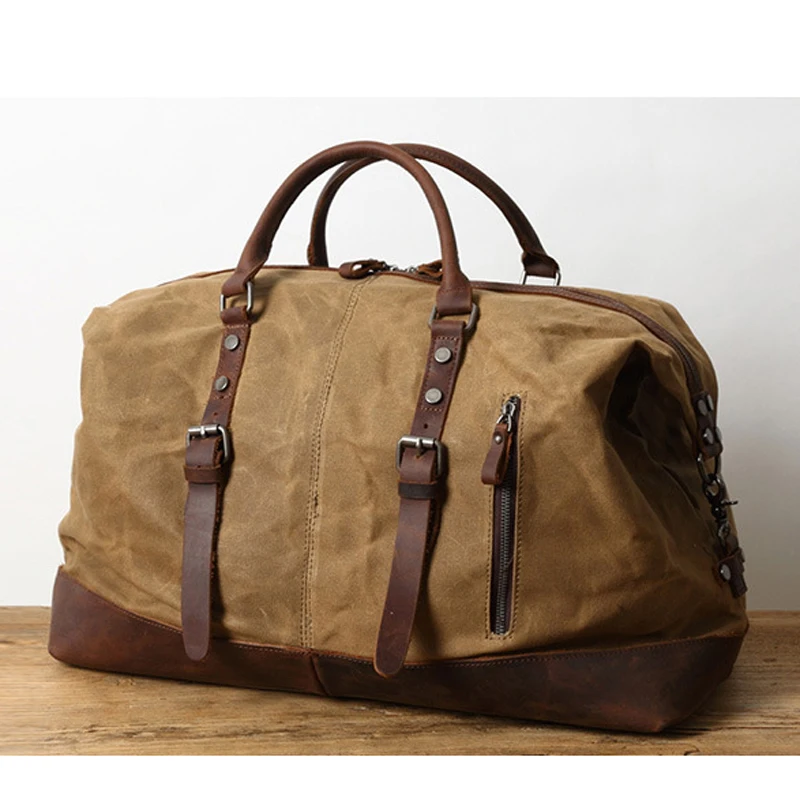 

Vintage Genuine Leather + Waterproof Waxed Canvas Men's Travel Bag Luggage Large Male Carry On Duffle Bag Overnight Weekend Bag
