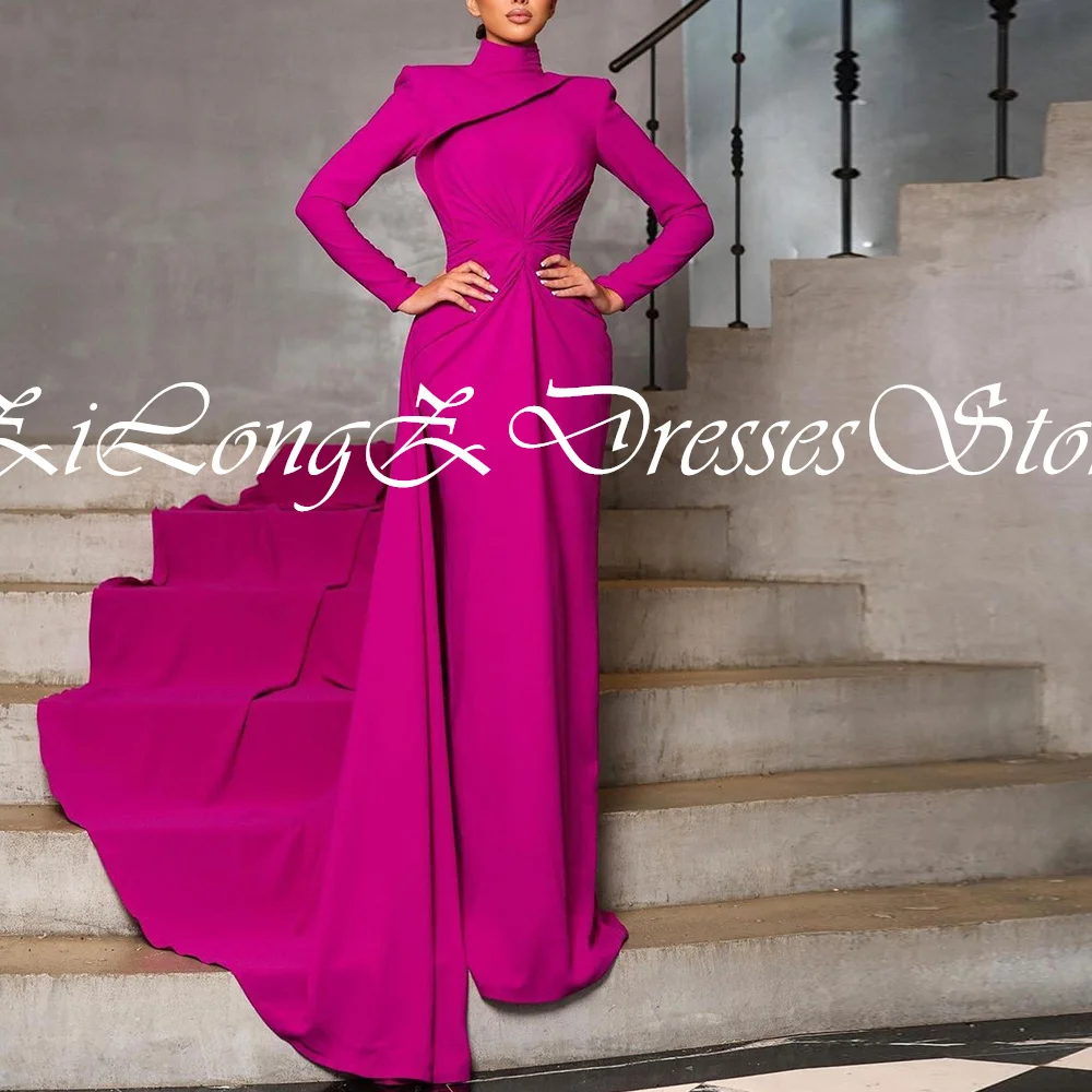 Dubai Evening Caftan Dress High Collar Long Sleeve Panel Train Solid Purple Pleats Straight Floor Length Bespoke Occasion Gowns