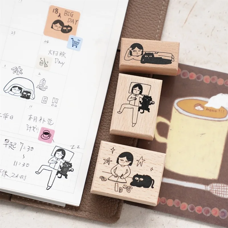 Lovely Angry Girl Black Cat Wooden Rubber Stamp DIY Scrapbooking Photo Album Card Making Wood Seal