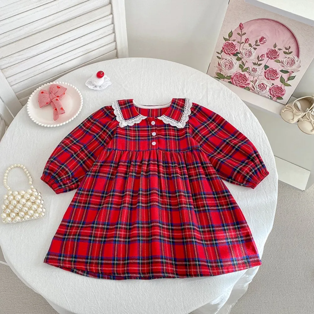 Autumn Red Checkered Lapel Long Sleeved Casual Dress Christmas and New Year Clothing for Girls Aged 2-6 Korean Version