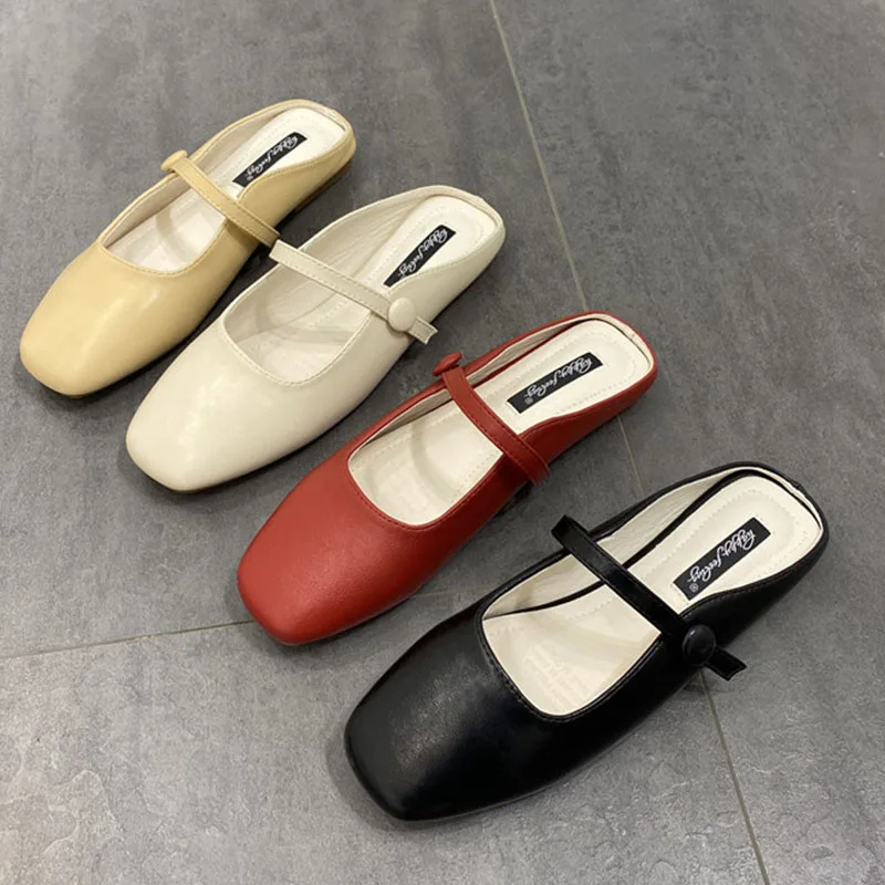 New Brand Slippers Women Square Toe Slip On Mules Shoes Fashion Mary Janes Flats Heel Ladies Slides Female Spring Loafers Mujer