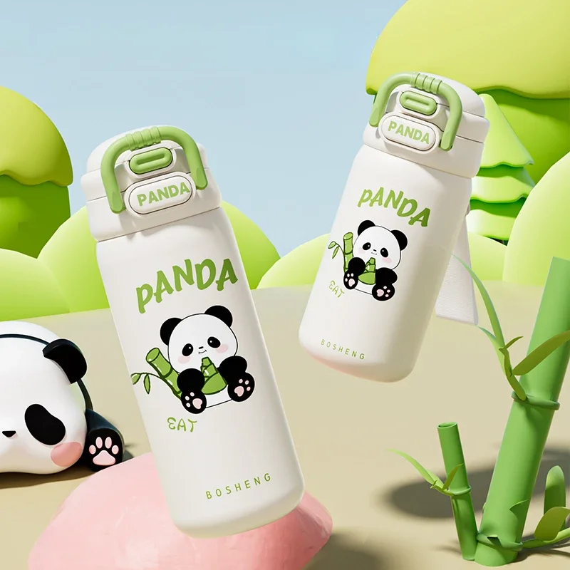 Stainless Steel Thermos Cup Cute Panda Straw Water Cup Children and Students Double Elastic Cover Tide Play Sports Water Cup