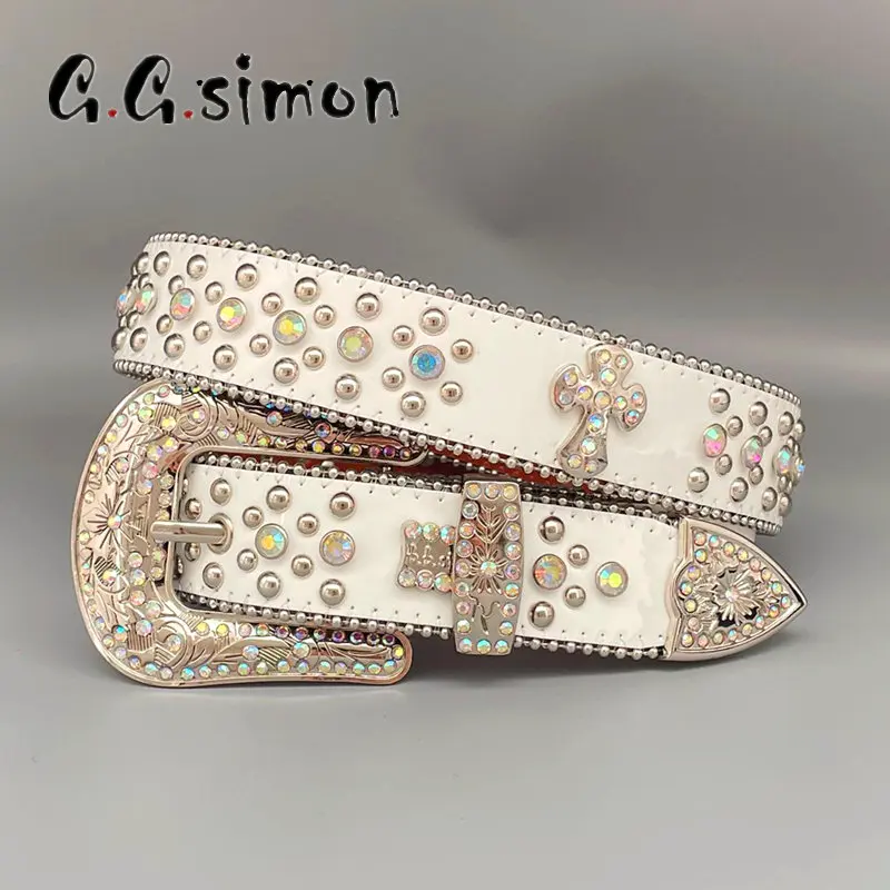 

Punk White Rhinestone Belts Women Designer Leather Strap Diamond Bing Belt Western Cowboy Y2K E Girls Fashion Belt For Jeans Men