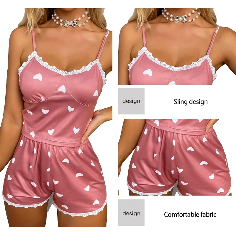 Summer Women\'s Casual Home Heart-Shaped Printed Lace Trimmed Pajama Set Women\'s Camisole Vest and Shorts Sexy Pajamas