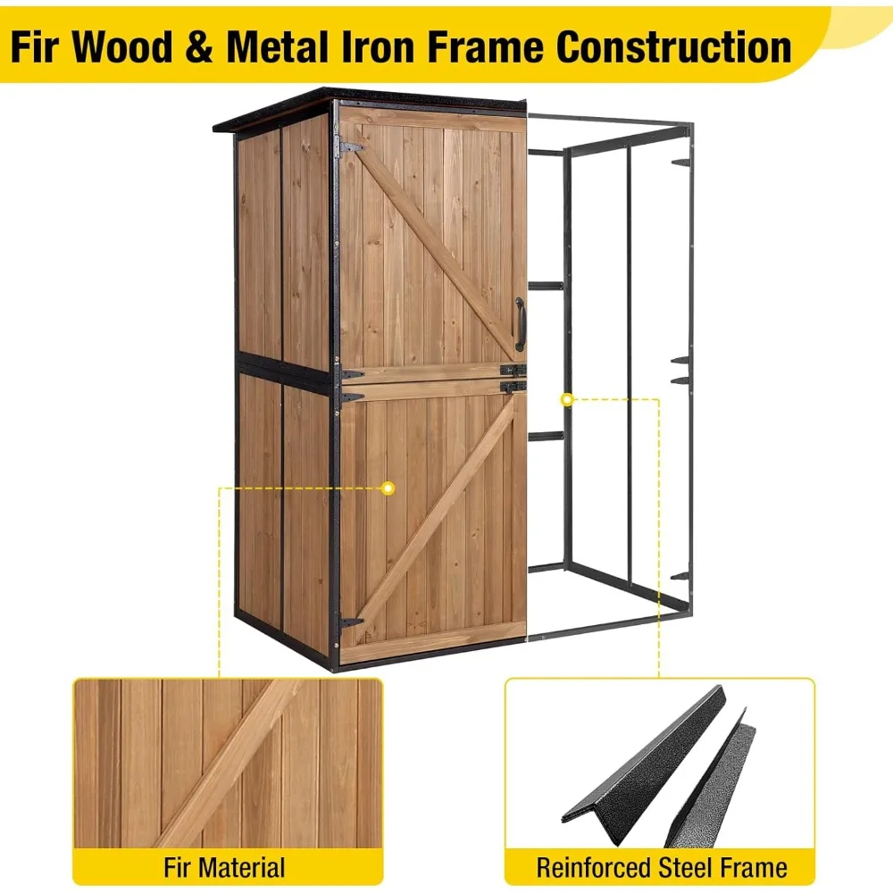 سقيفة تخزين خشبية كبيرة بإطار معدني ورفوف قابلة للتعديل لأدوات الحدائق الخارجية #2
