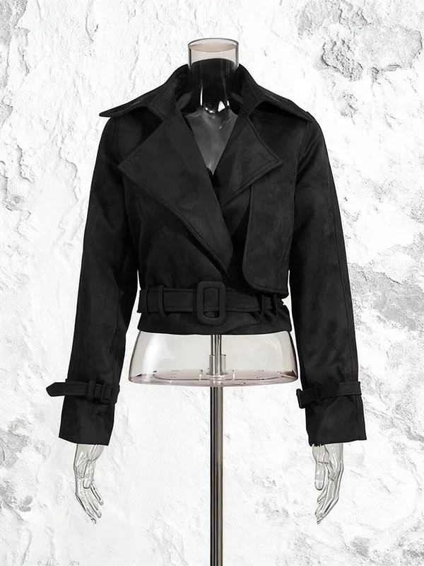  Fall Winter Loose Fitting Short Motorcycle Jacket Women's Suede Velvet Waist Cinched Belted Casual Style Outerwear