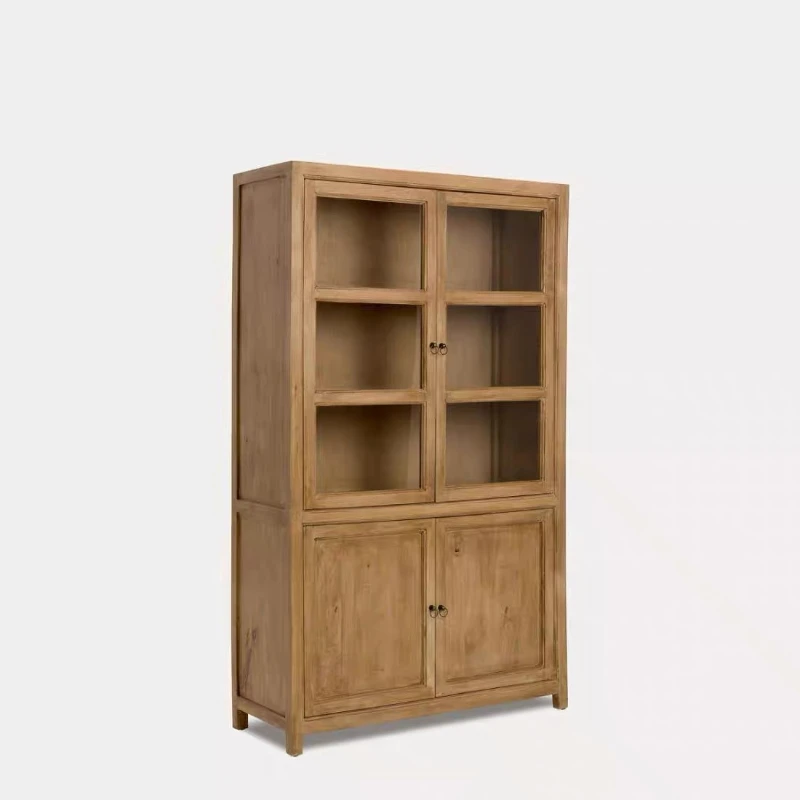 American country solid wood bookcase, vintage distressed storage cabinet, sideboard, wine cabinet, living room, glass storage