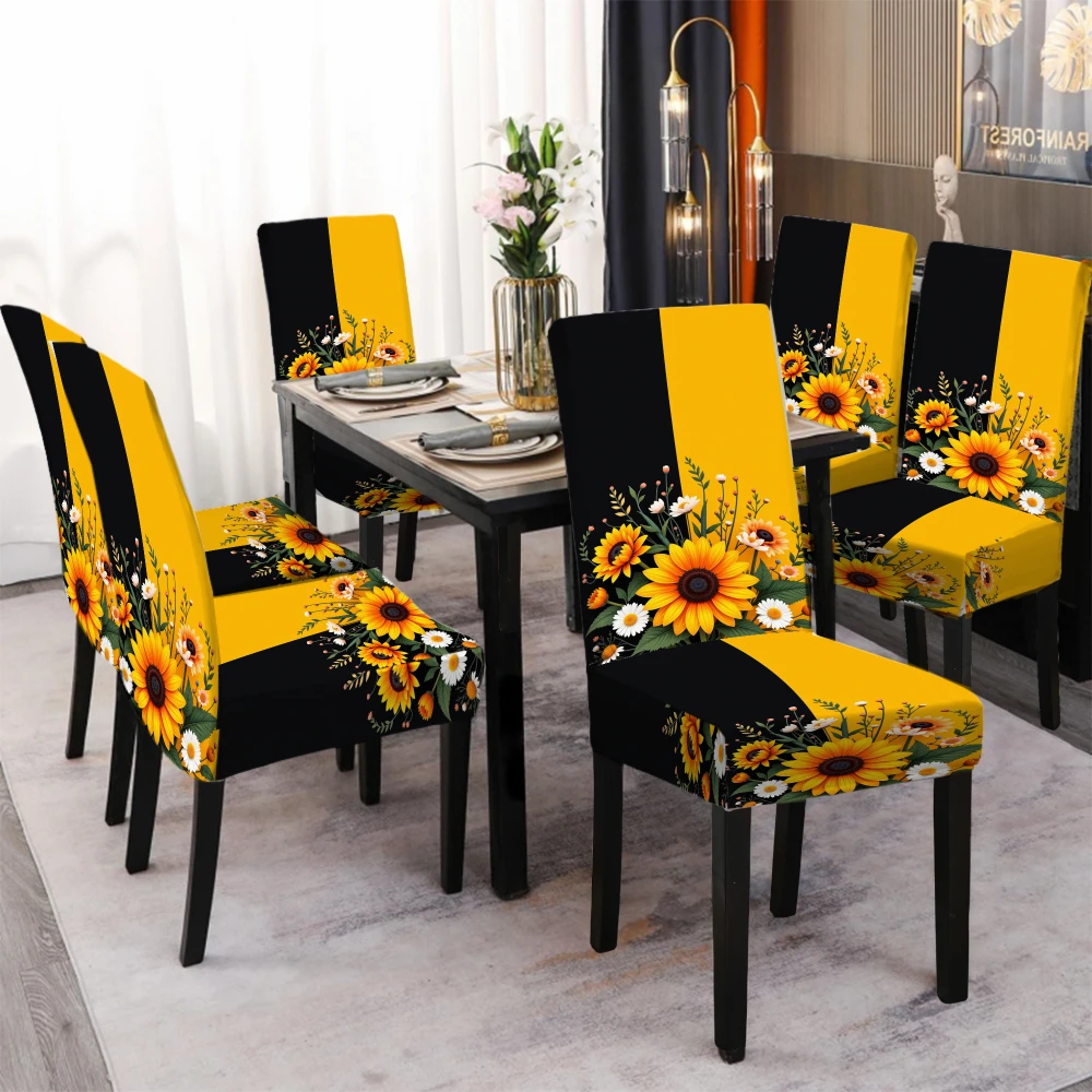 4/6 قطعة غطاء كرسي مرن نمط عباد الشمس تمتد غرفة الطعام مقعد حامي أصفر أسود الأزهار الأثاث يغطي مجموعة #1
