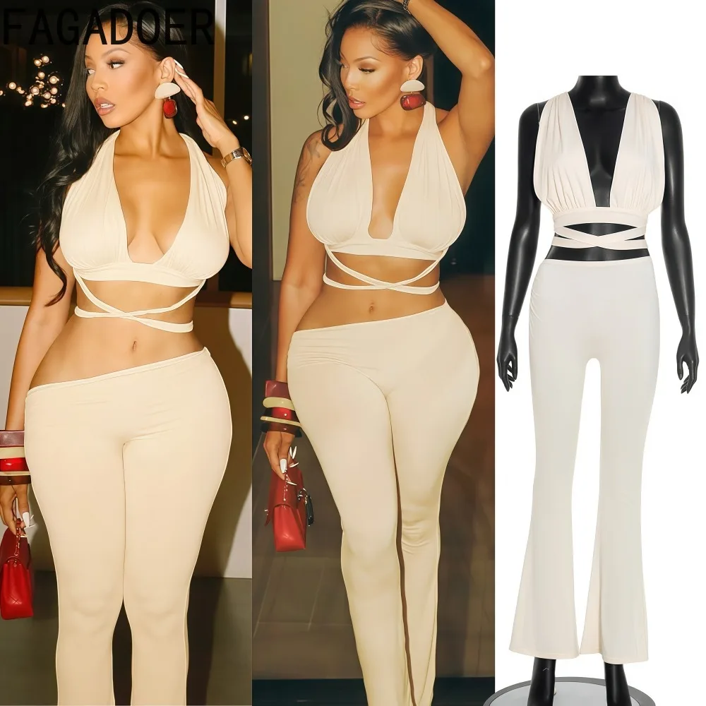 

FAGADOER Autumn Sexy 2 Piece Sets Woman Outfit Halter Deep V-Neck Backless Crop Top + Flare Pants Matching Hot Girls Streetwear