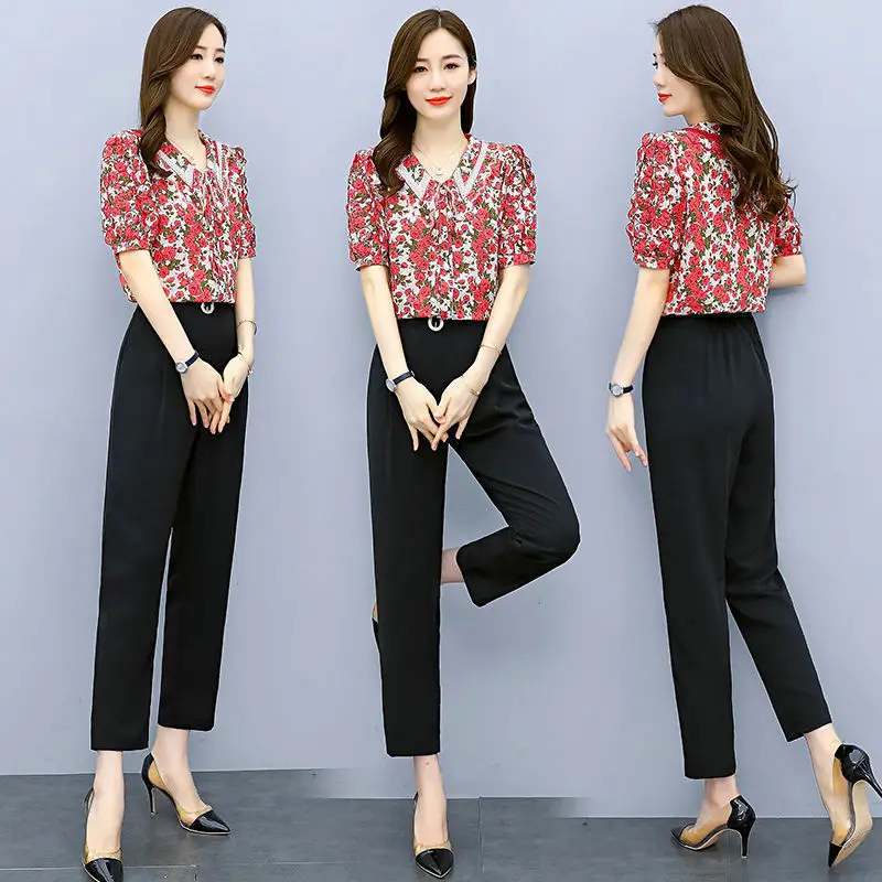 Casual Chiffon Shirt Professional Suit 2022 New Female Summer Lady Temperament Wear with Foreign Style Fashion Two-piece Set