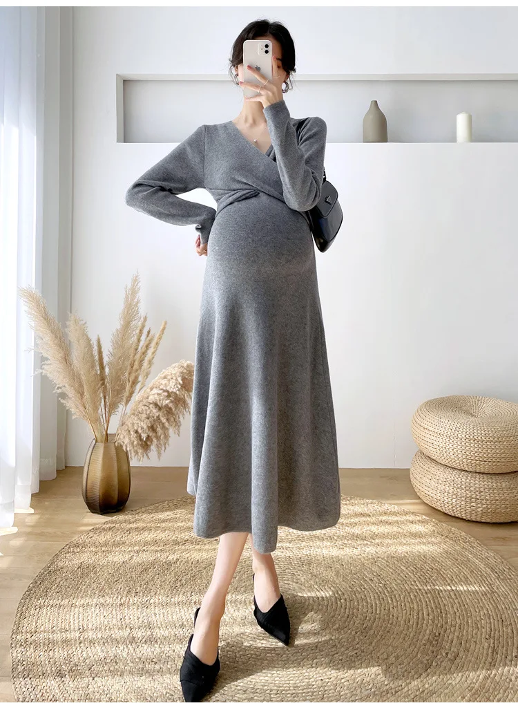 Autumn Winter Korean Fashion Knitted Maternity Long Dress Across V neck A Line Slim Clothes for Pregnant Women Pregnancy