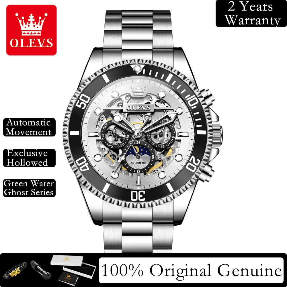 OLEVS Mechanical Watches Hollowed Automatic Men's Watch Green Water Ghost Series Luxury Original Stainless Steel Wristwatch 6715
