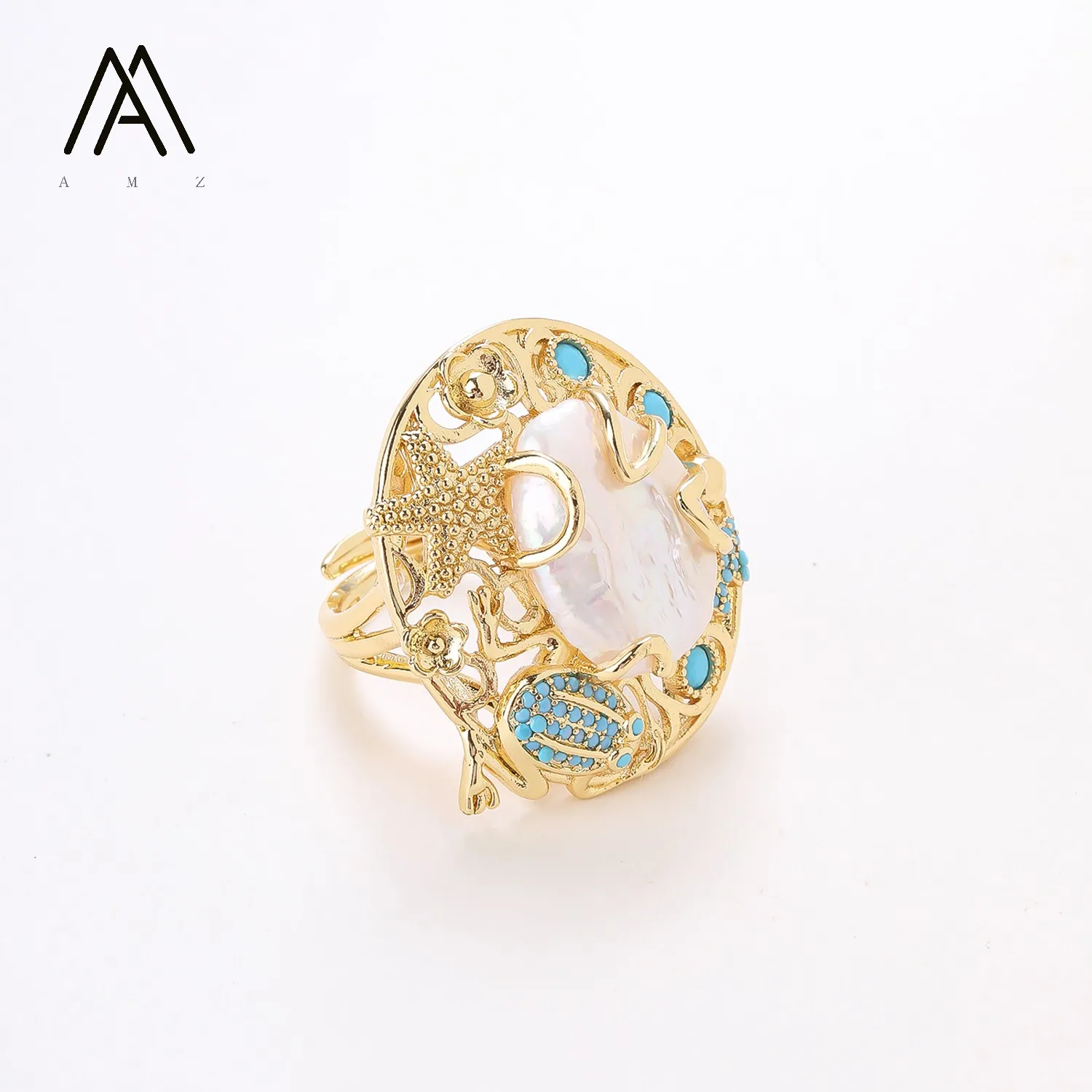 CZ Setting Natural Pearl Ring Luxury Bohemian Enhanced Ring Gold-Plated Open-Band Jewelry Wedding Banquet Accessory for Women