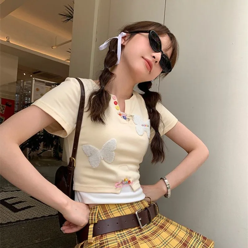 Short Sleeve T-shirts Women Korean Clothing Colorful Fake 2pcs Slim Button Fashion Casual All-match Sweet Students Summer Chic