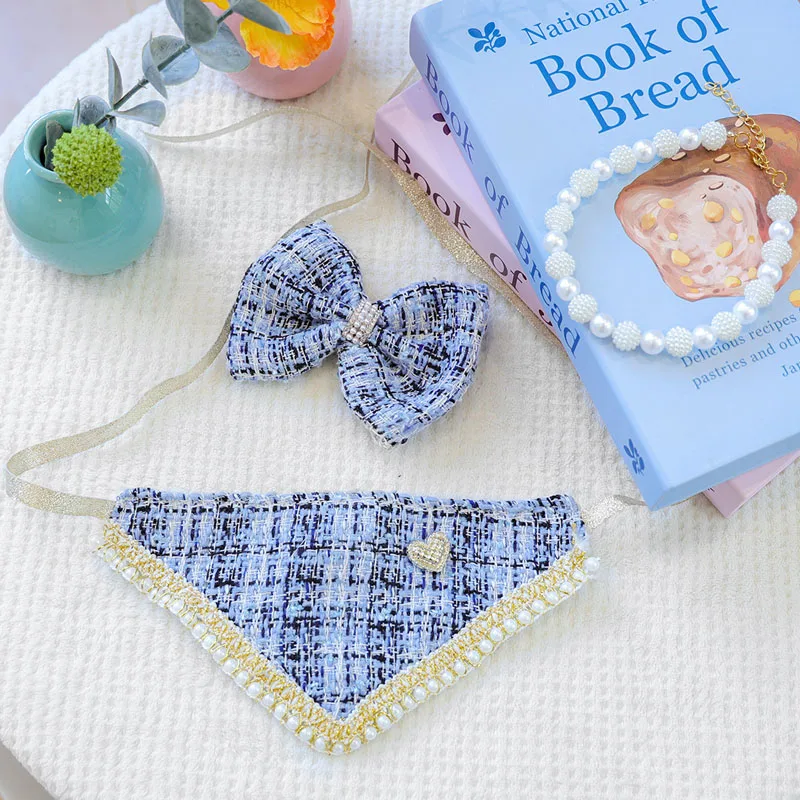 

Blue Dog Accessories Kit Triangular Bandage Bow Hairpin Pearl Collar Set For Small Dogs Scarves Bib Collar Pet Accessories Goods