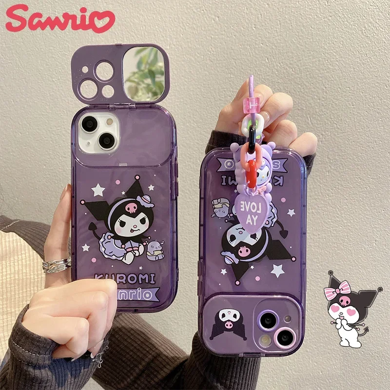 Kawaii Kuromi Kawaii składane etui na telefon Iphone 11 12 13 14 15 Pro Max PLUS z lalek wisiorki ozdoby lusterko do makijażu