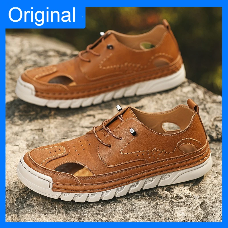 

Мужские сандалии ручной работы с мягкой подошвой, летние, новые, с перфорацией, повседневные, дышащие, кожаные, для прогулок по городу