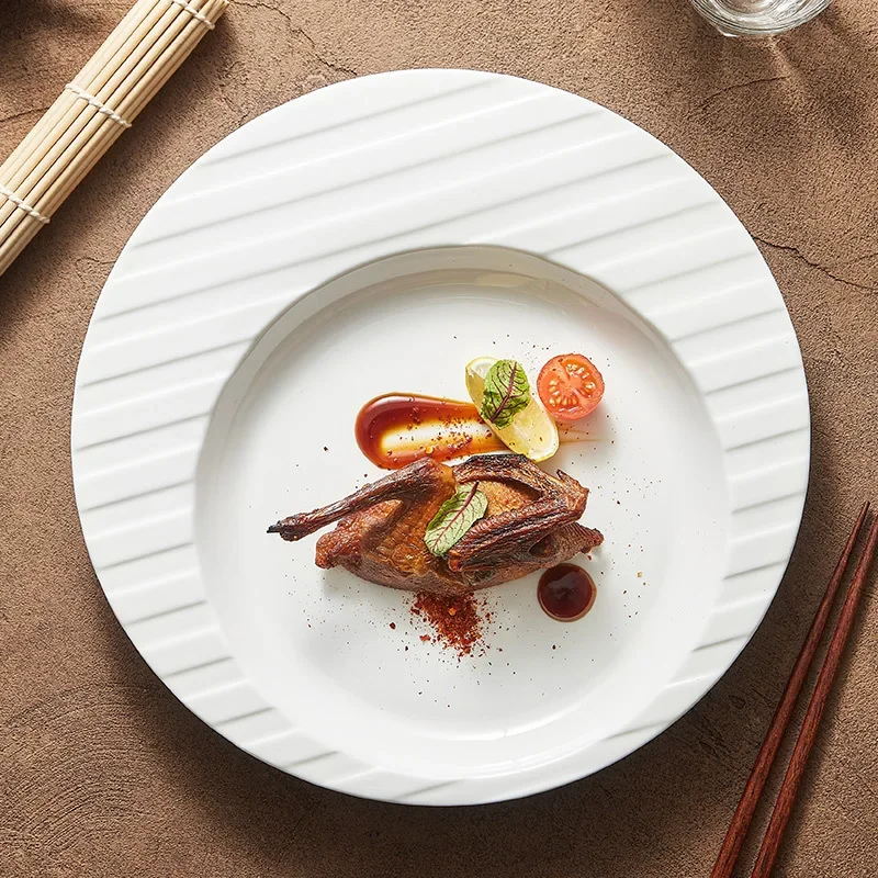 

Ceramic line pattern pasta plate, premium light luxury plate, vegetable plate 2024 new hotel restaurant round medium plate