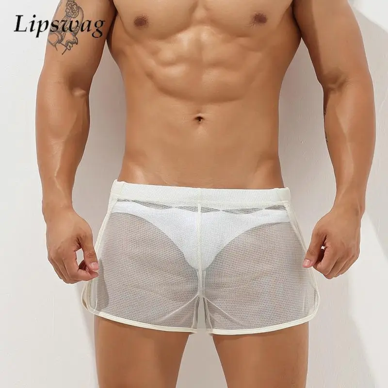 New Casual Breathable Hollow Out Shorts For Mens Sleepwear Pajamas Sexy See Through Mesh Shorts Men Summer Nightwear Short Pant
