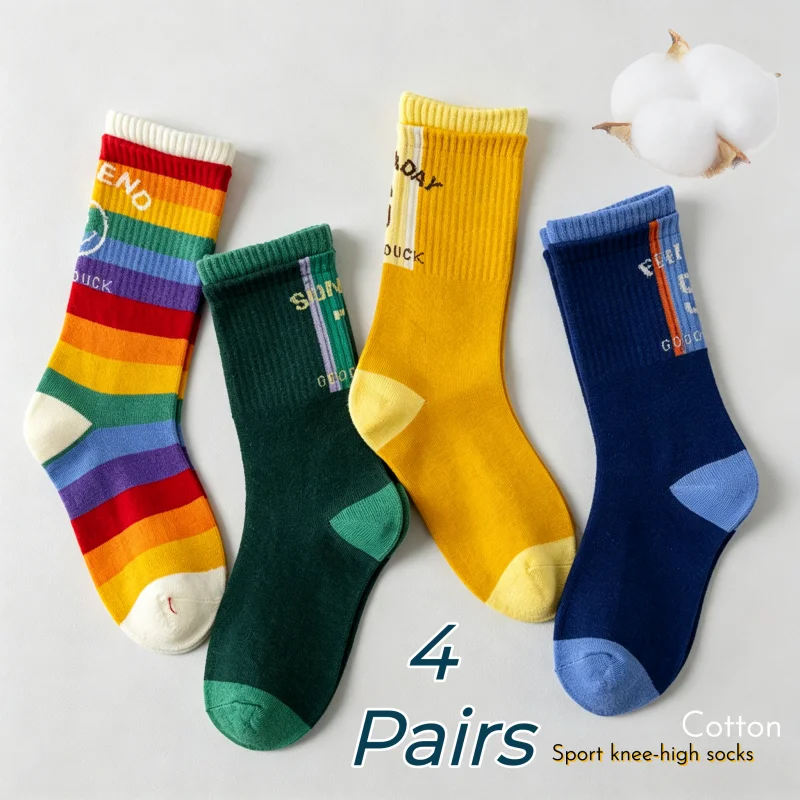 Cotton Knee Socks 4 Pairs Long Socks Children's Sporty Socks Boys Girls Knee Socks
