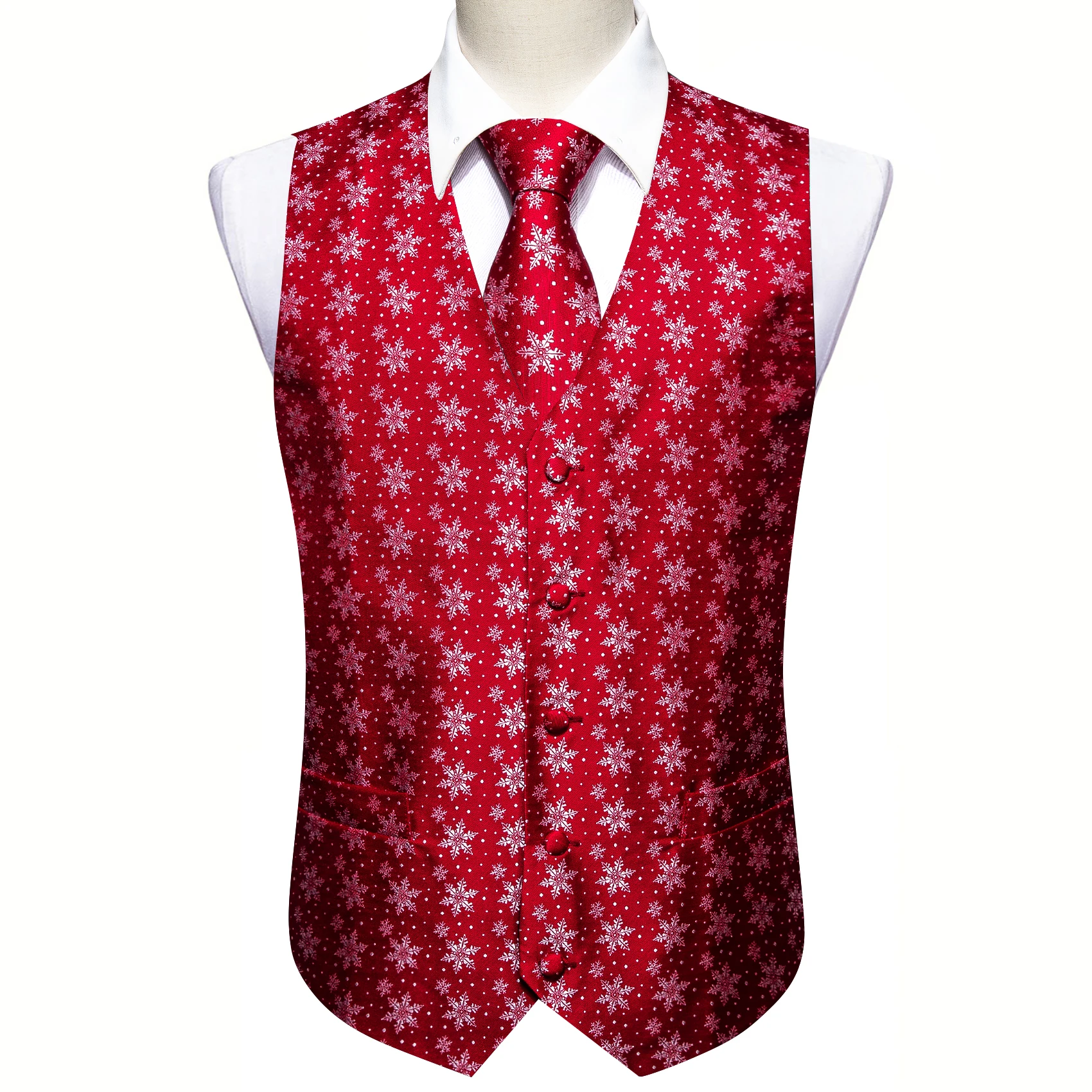 Luxury Silk Christmas Men Vest Red Snowflake Xmas Waistcoat Tie Pocket Square Set Sleeveless Jacket Formal Party Suit Barry Wang