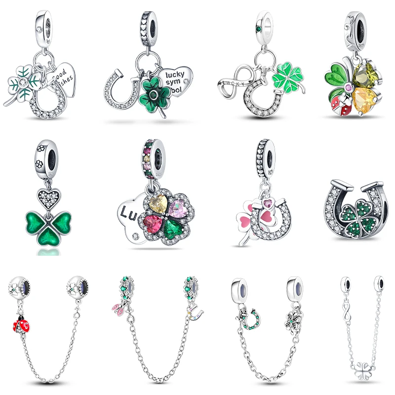 New 925 Sterling Silver Lucky Clover Blessing  Series Colorful Sparkling Charms Beads Fit Pandora Original Bracelets DIY Jewelry