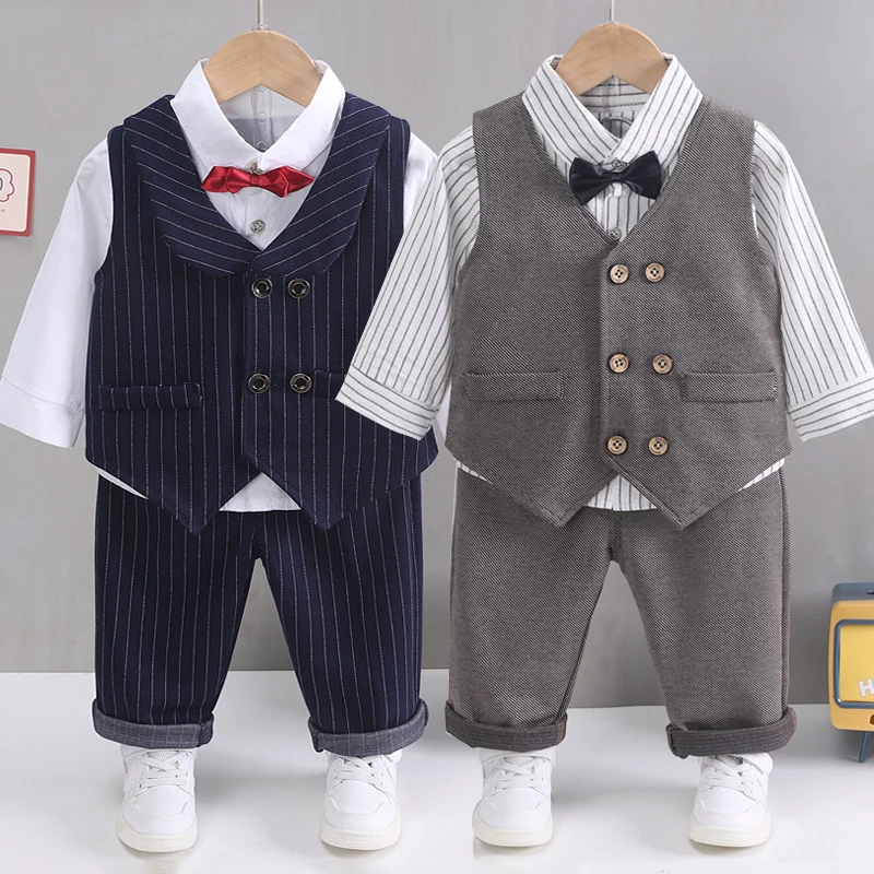 Conjunto de traje de caballero a cuadros para niños, camisa con corbata, pantalones, conjunto de tres piezas, vestido formal para bebés, 2024