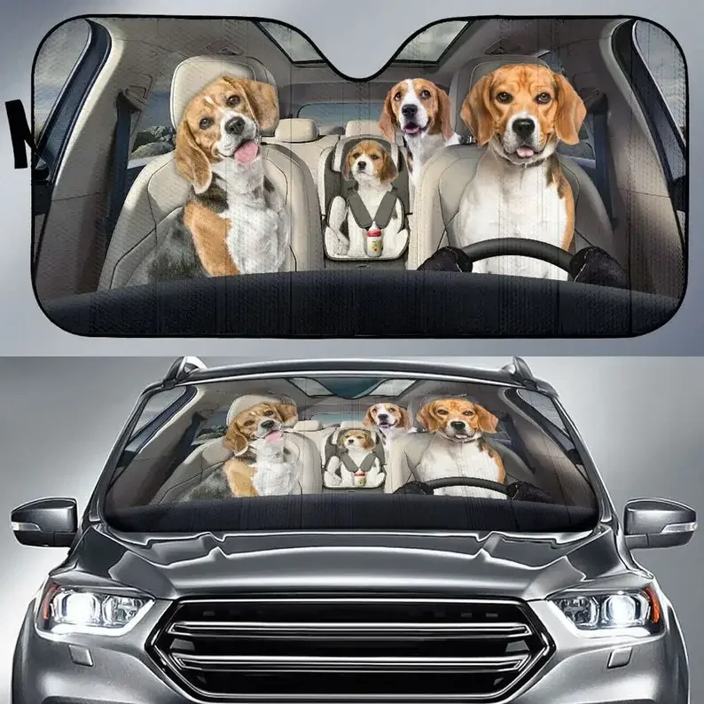 Beagle Family Funny Safe Driver Auto Sun Shade Car Accessories, Windshield Sunshade, Custom Animal Pattern Sunshade,