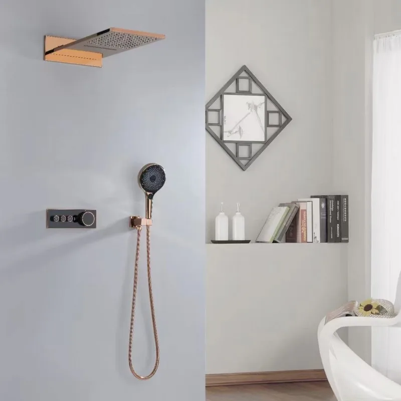 Black rose waterfall shower system thermostatic three function black shower set rainfall shower mixer constant rose gold shower