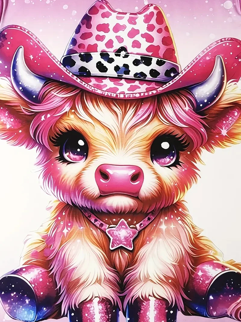 Damska koszulka PLUS z krótkim rękawem i nadrukiem 3D z uroczym różowym wzorem krowy, luźna i swobodna, miękka, wygodna i oddychająca