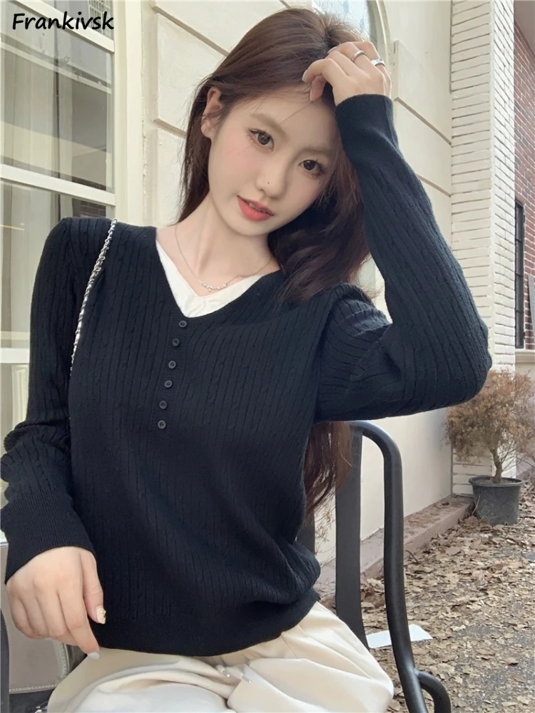 

Sweaters Women Simple All-match Sweet Korean Style Fashion V-neck Slouchy High Street Fake Two Piece Popular Knitwear Autumn New