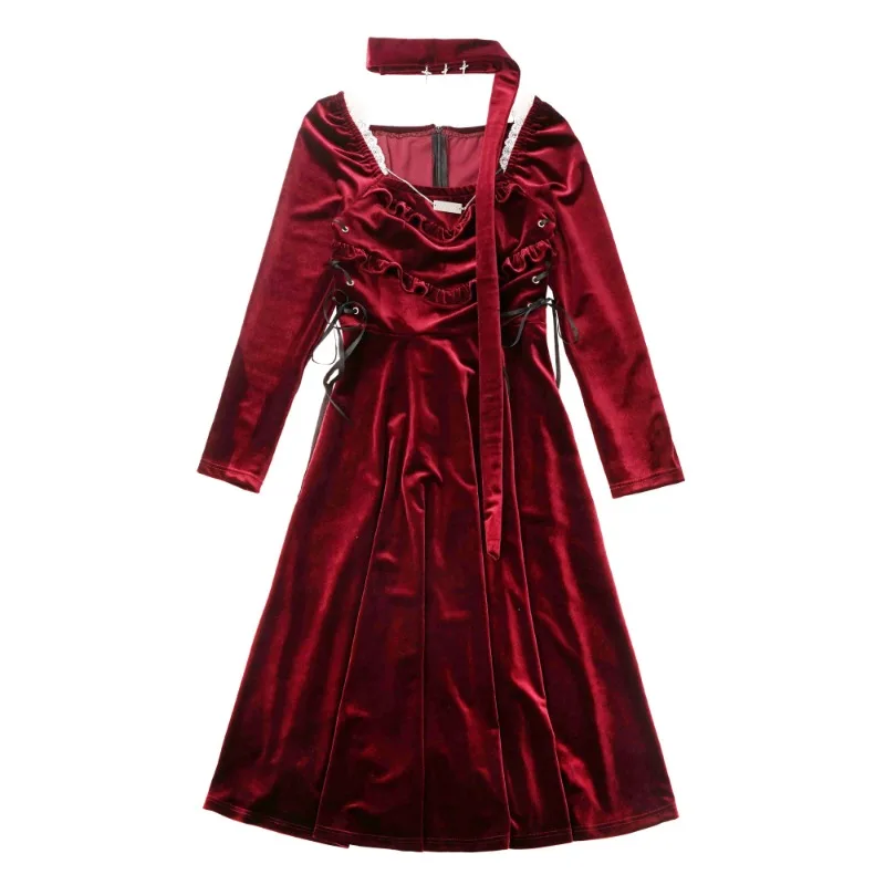 Vestido de comprimento médio de veludo vermelho de natal de ano novo elegante vintage emagrecimento cintura bodycon vestido de reunião anual para festa feminina