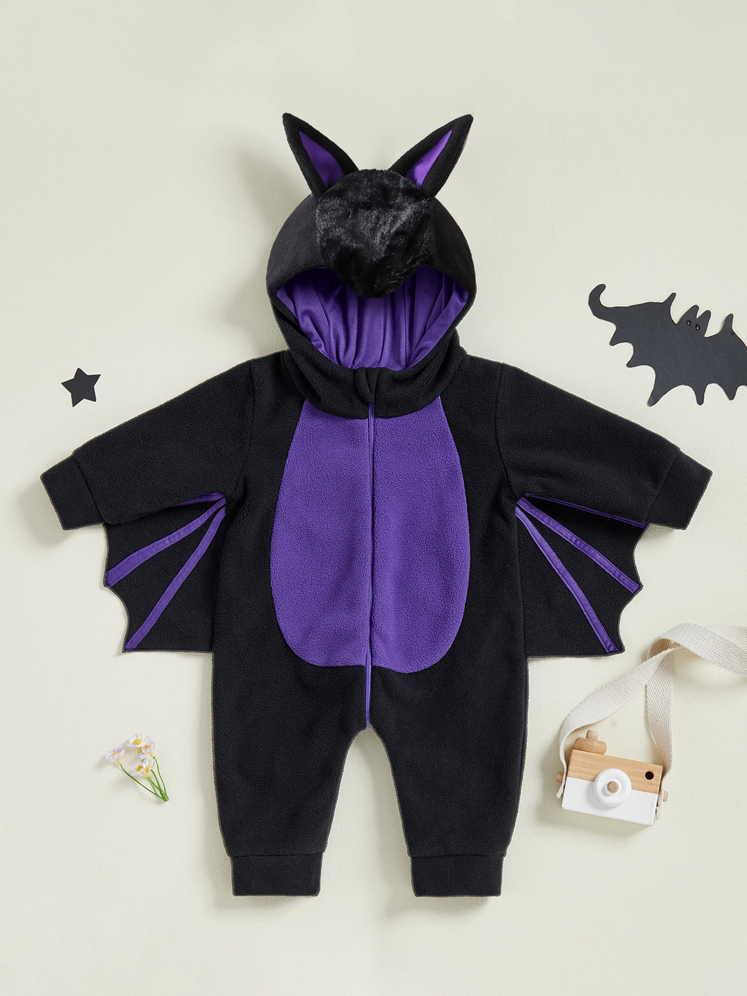 

Toddler Black Cat Halloween Costume Plush Cat Ear Cat Tail Zip Front Hooded Long Sleeve Jumpsuit Costume for Kids