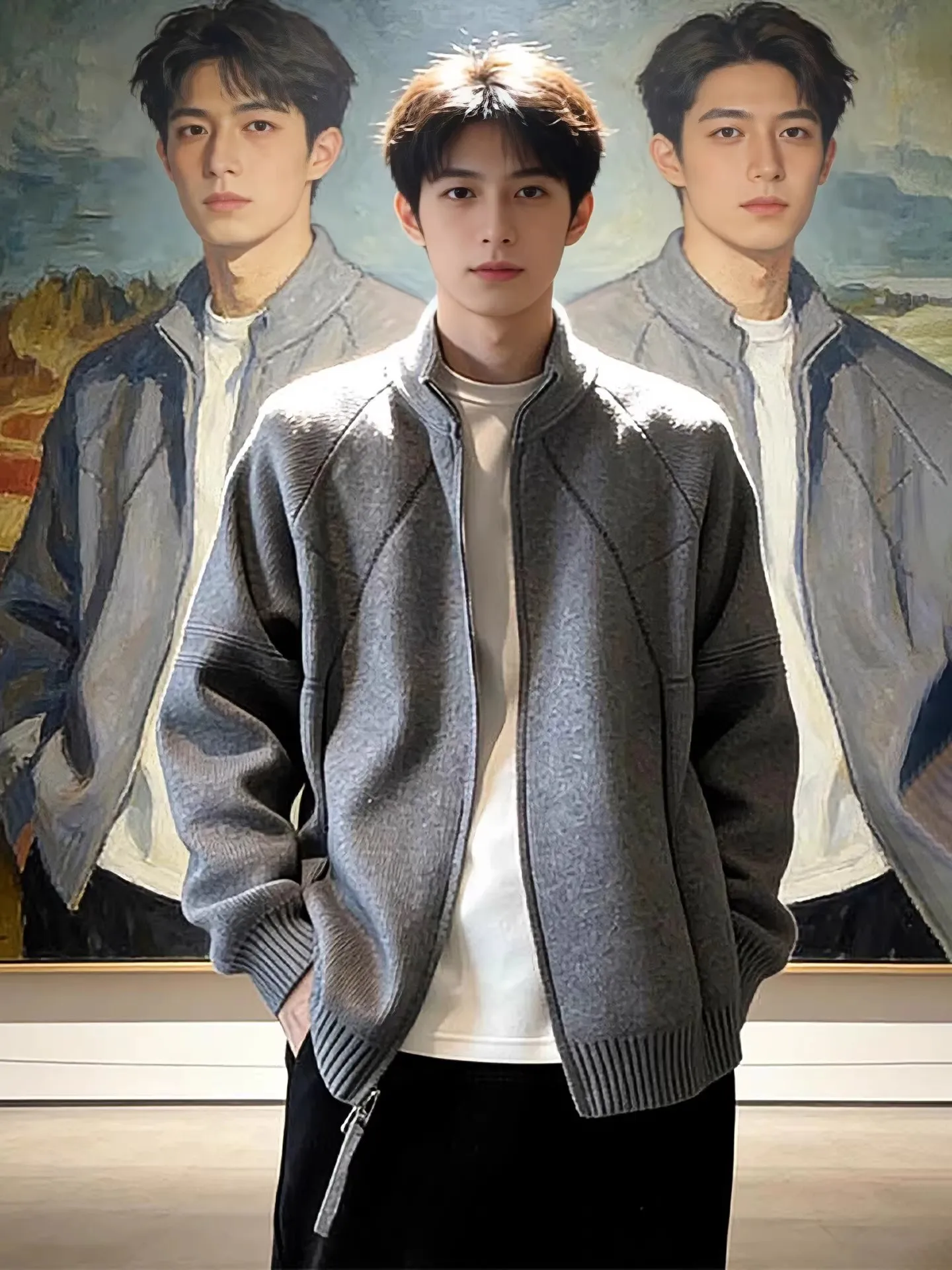 

Ay Мужское трикотажное пальто с воротником-стойкой на молнии, зимнее повседневное удобное свободное длинное пальто из мягкого полиэфирного волокна Sve