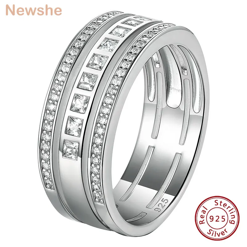 Newshe Solid 925 Sterling Silver 3-In-1 Wedding Band for Men Women 5A Cubic Zircon Engagement Rings USA Standard Size 8-13