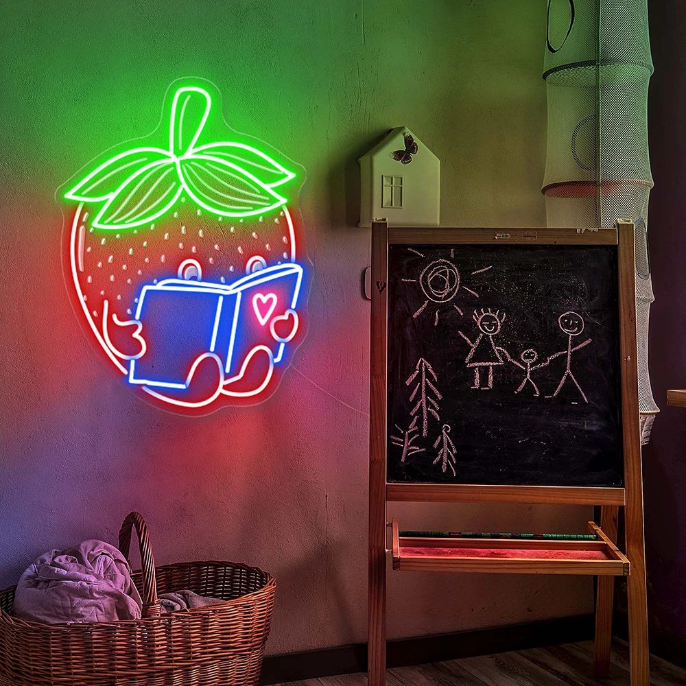 Strawberry Reading Book Led Light Sign Custom Bedroom Kid's Room Wall Decor Neon Sign Home Party Decoration Neon Light Lamp