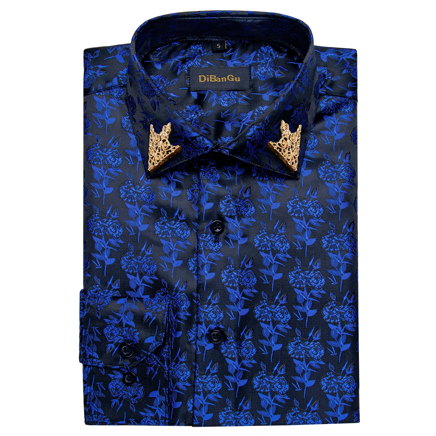 Men's Shirts Long Sleeve Blue Black Formal Dress Social Turn-Down Shirt  With Golden Collar Pin Male Blouse Casual Tops - AliExpress 200000343
