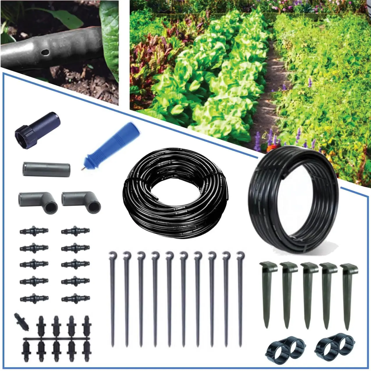Gravity-Fed Drip Irrigation Kit with Inline Emitters for Rain Barrels, Tanks, Cisterns
