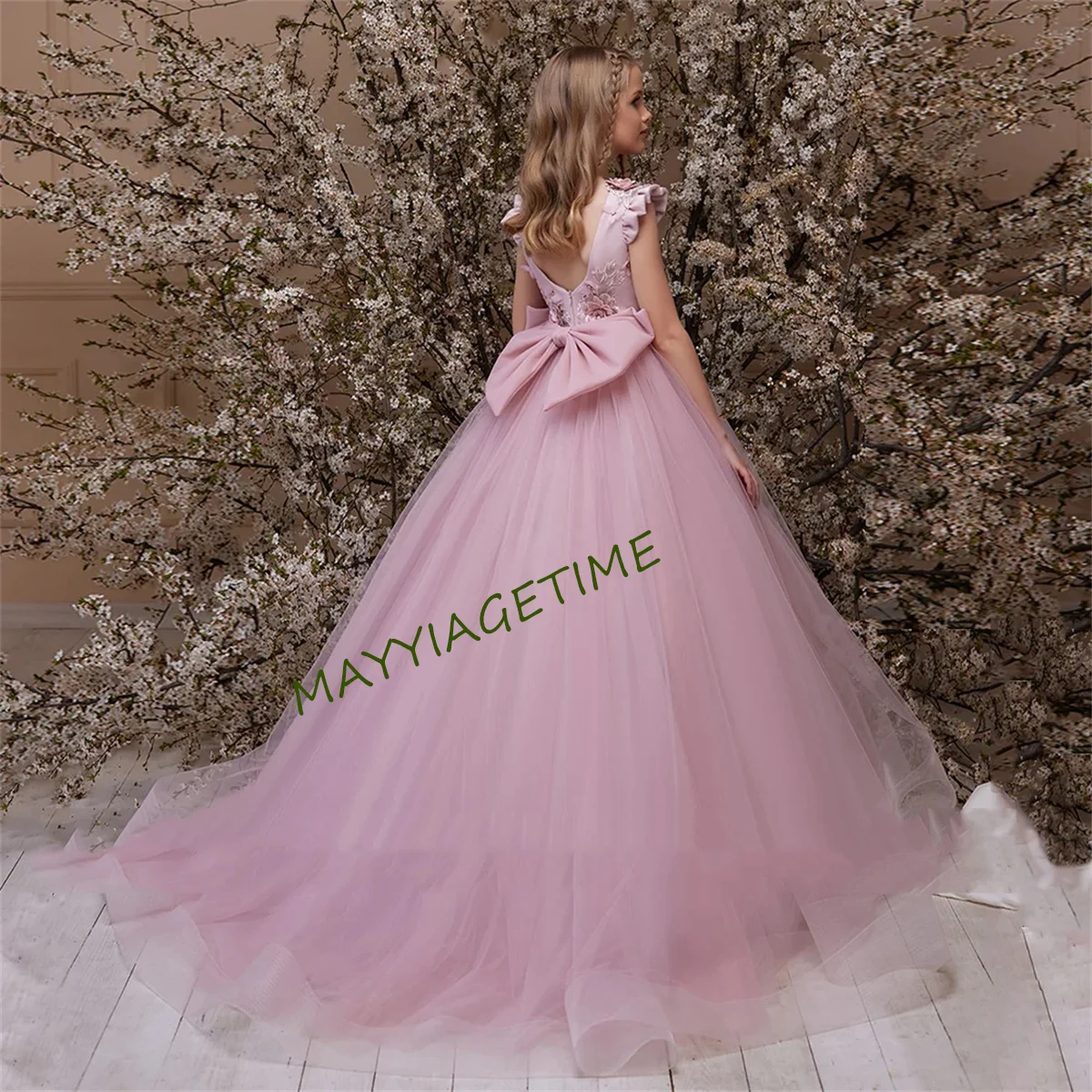 

Pink Princess Flower Girl Dress Cap Sleeve Round Neck 3D Flowers Birthday Party Dresses Big Bow Satin Tulle Kids Pageant Gown