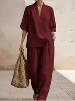 Fashion Cotton Linen Pant Set Women's Casual Stand Collar Button Top Wide Leg Trousers 2-piece Set Retro Female Office Suit 2026 - Image 4