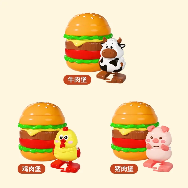 Funny Wind Up Walking Animal Toys with Burger Storage Container, Cartoon Pig Cow Chicken Clockwork Toy Kids Desktop Decor Play G