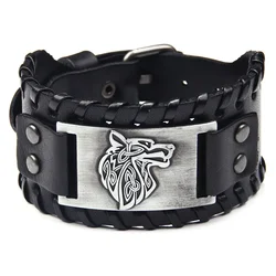 Punk Men Wide Bangle Accessory Wolf Head Charm Bracelet Leather Weave Adjustable Wristband Friendship Jewelry